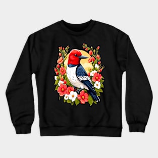 Cute Red Headed Woodpecker Surrounded by Vibrant Flowers Crewneck Sweatshirt